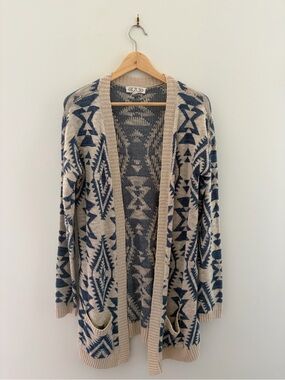 Pink Rose Beige and Navy Aztec Open-Front Cardigan